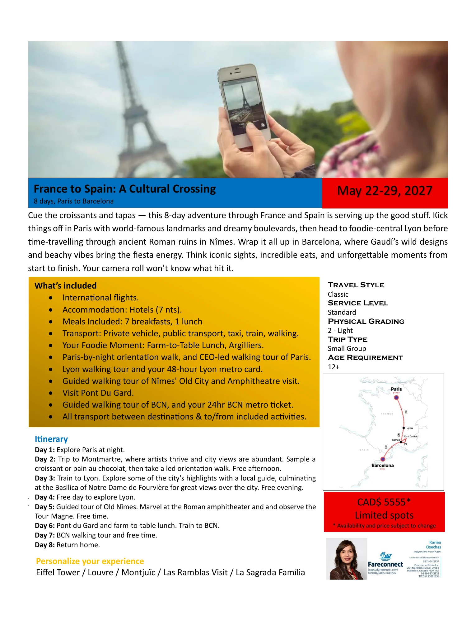 France to Spain: A Cultural Crossing travel flyer, May 22–29, 2027. Full itinerary and package details in the linked PDF.
